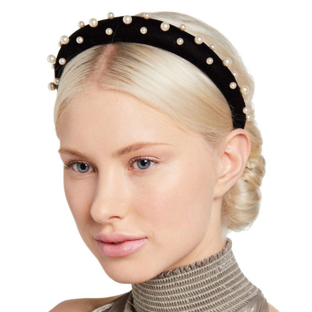 Jennifer Behr Sascha Black Velvet Headband with Pearlescent Beads